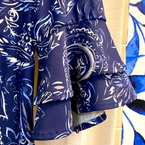 NWOT Women’s Aretha Nylon & Spandex Blue Paisley Ruffle Sleeve Dress Size Small - Picture 5 of 8